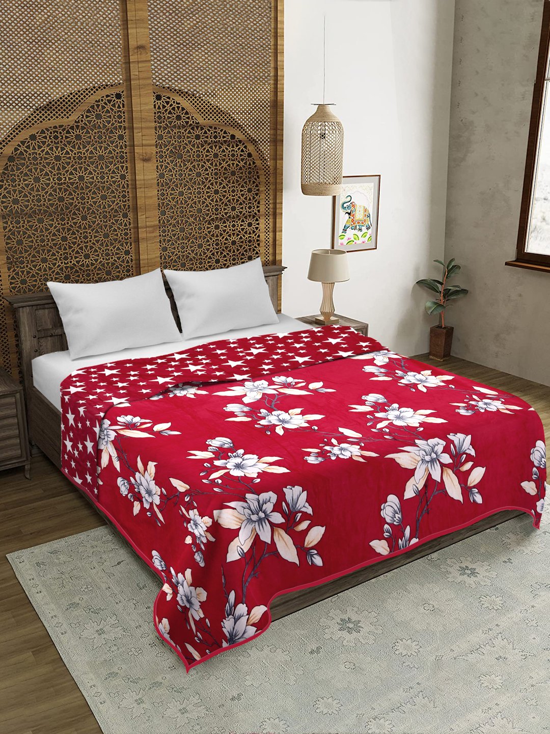 Red Woolen Floral Double Bed Dohar