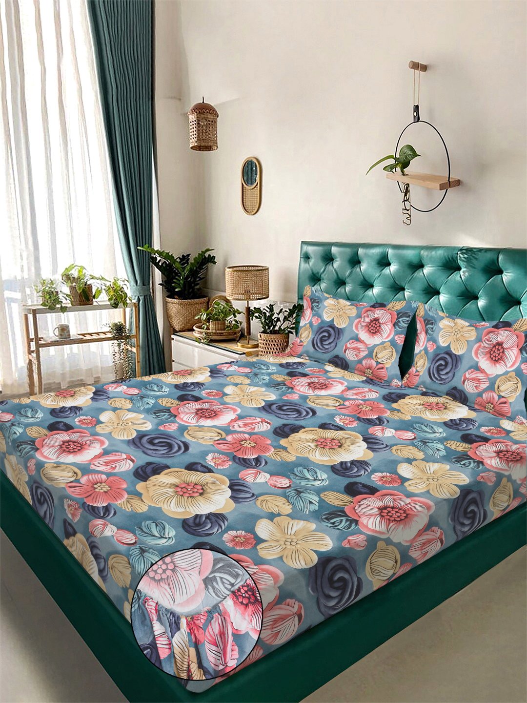 Blue Floral 7D King Size Cotton Blend Fitted Double Bedsheet with 2 Pillow Covers