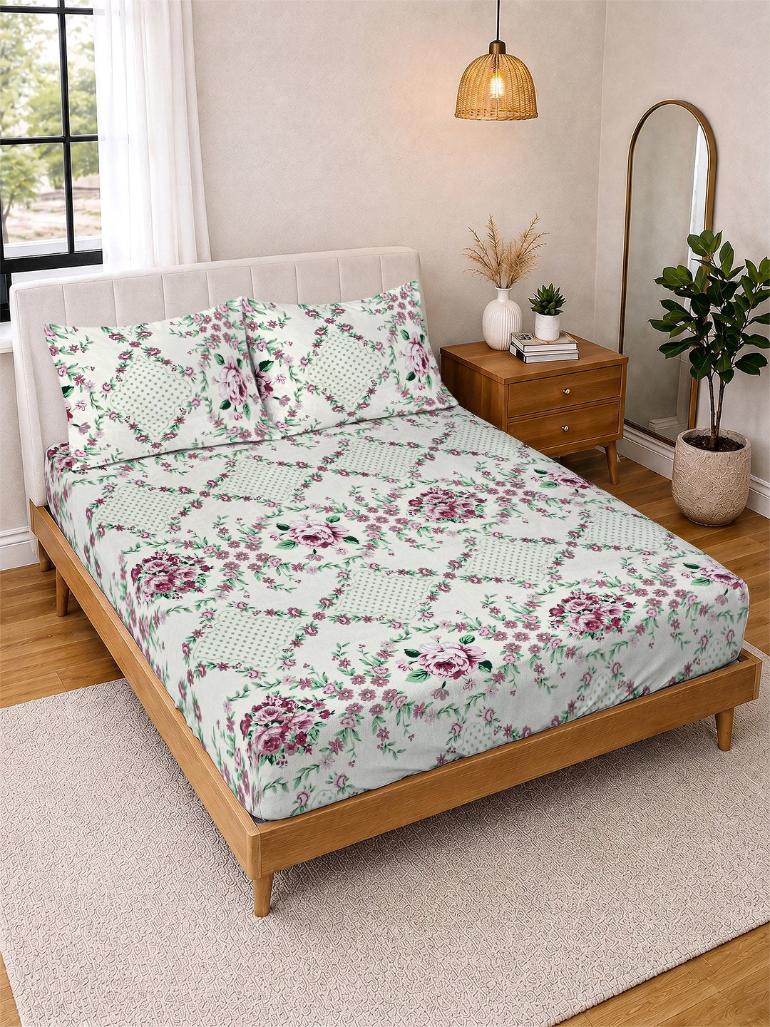 Cream Floral Cotton Blend Double Bedsheet with 2 Pillow Covers