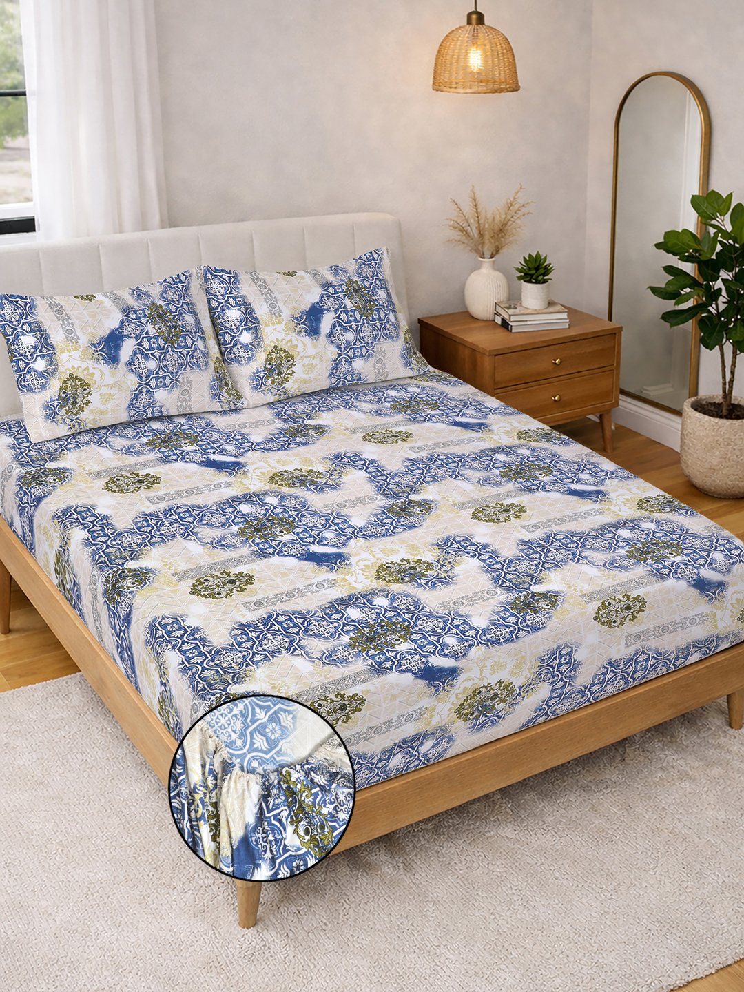 Blue Ethnic Motifs Fitted Fitted Cotton Blend Double Bedsheet with 2 Pillow Covers