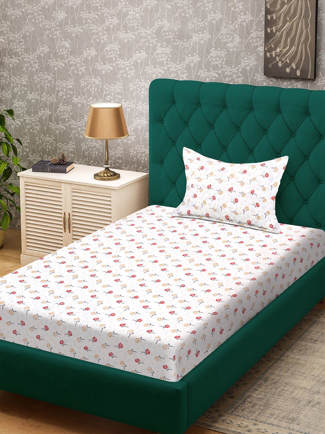 Cream Floral 300 TC Cotton Blend Single Bedsheet with Pillow Cover