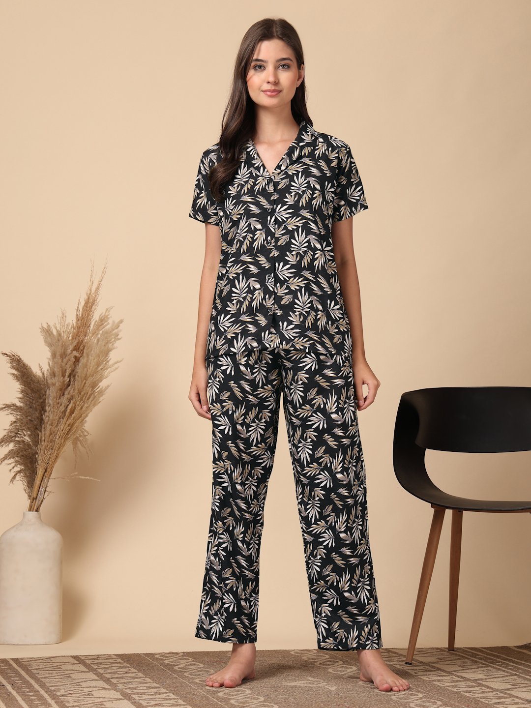 Black Floral Cotton Blend Women Night Suit
