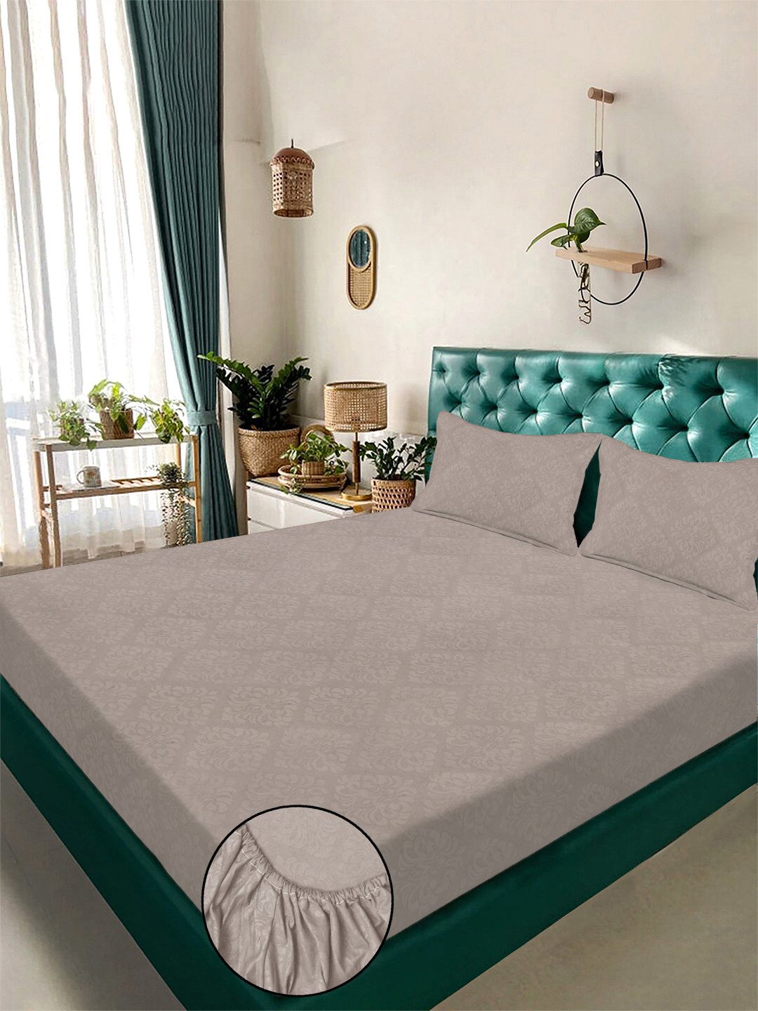 Beige Floral Embossed Cotton Blend Fitted Double Bedsheet with 2 Pillow Covers