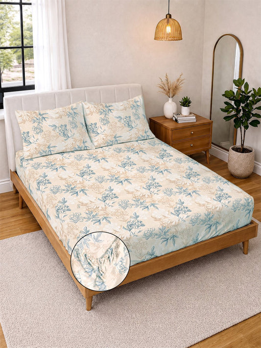 Cream Floral Cotton Blend Fitted Double Bedsheet with 2 Pillow Covers