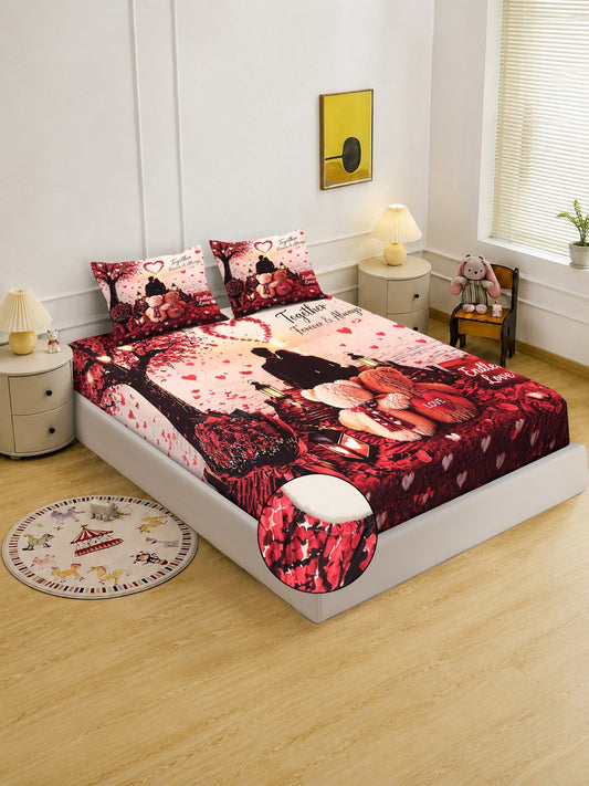 Digital Printed Red Conversational Cotton Blend Fitted Double Bedsheet with 2 Pillow Covers