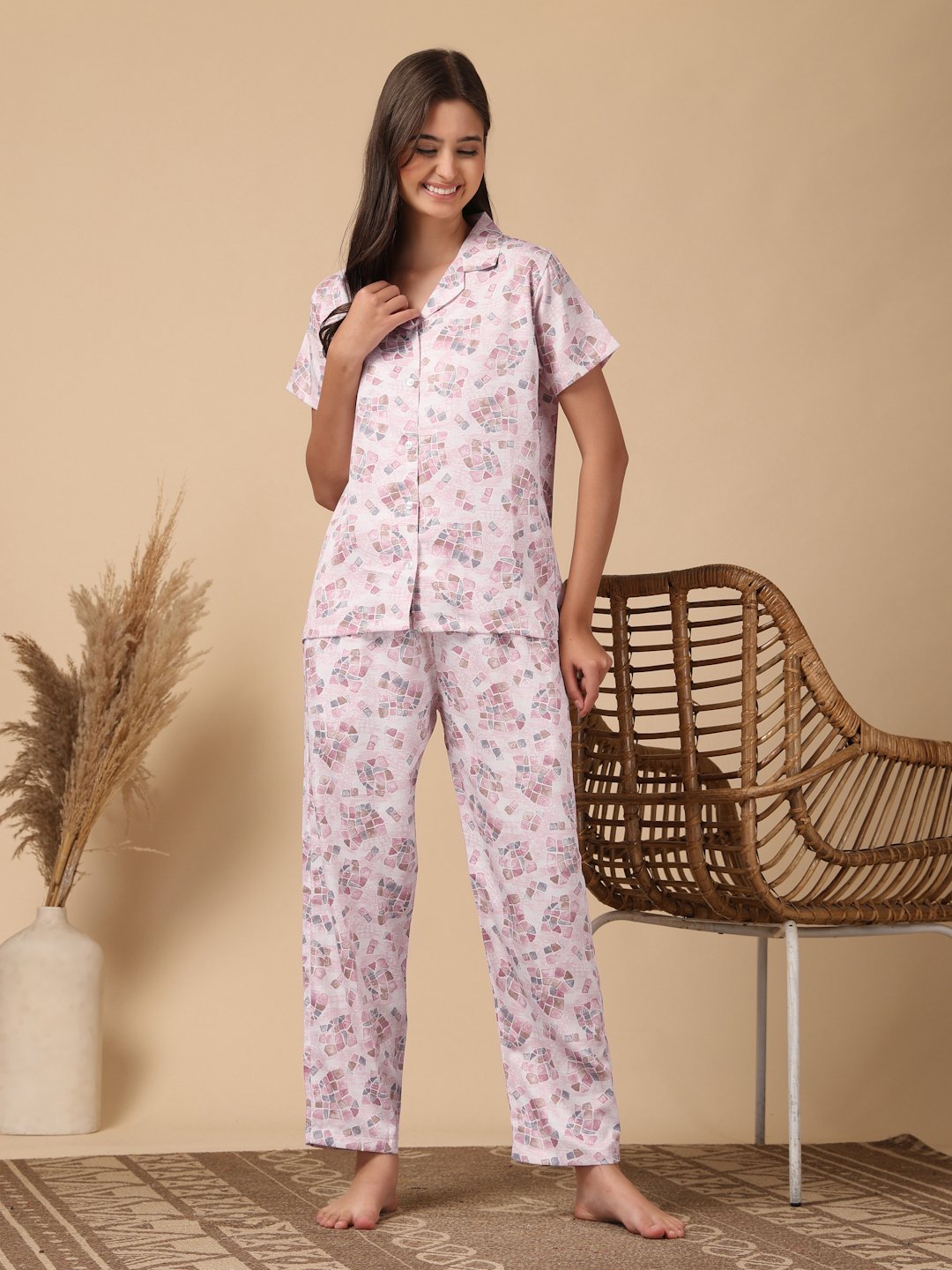Pink Striped Cotton Blend Women Night Suit