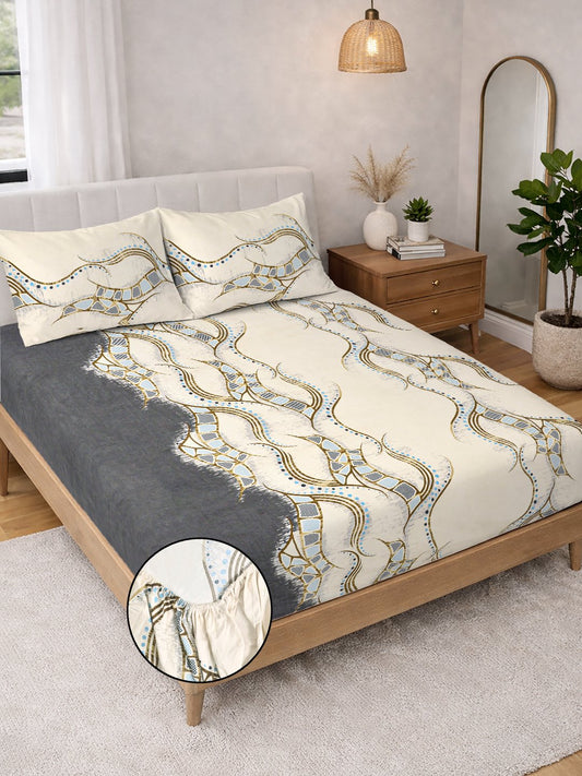 Cream Abstract Cotton Blend Fitted Double Bedsheet with 2 Pillow Covers