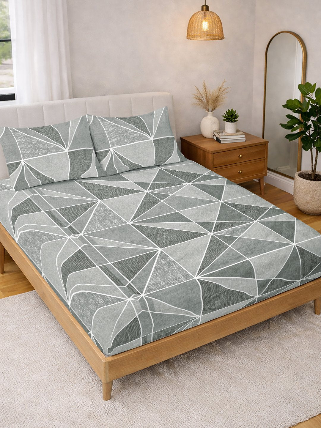 Grey Geometric Cotton Blend Double Bedsheet with 2 Pillow Covers
