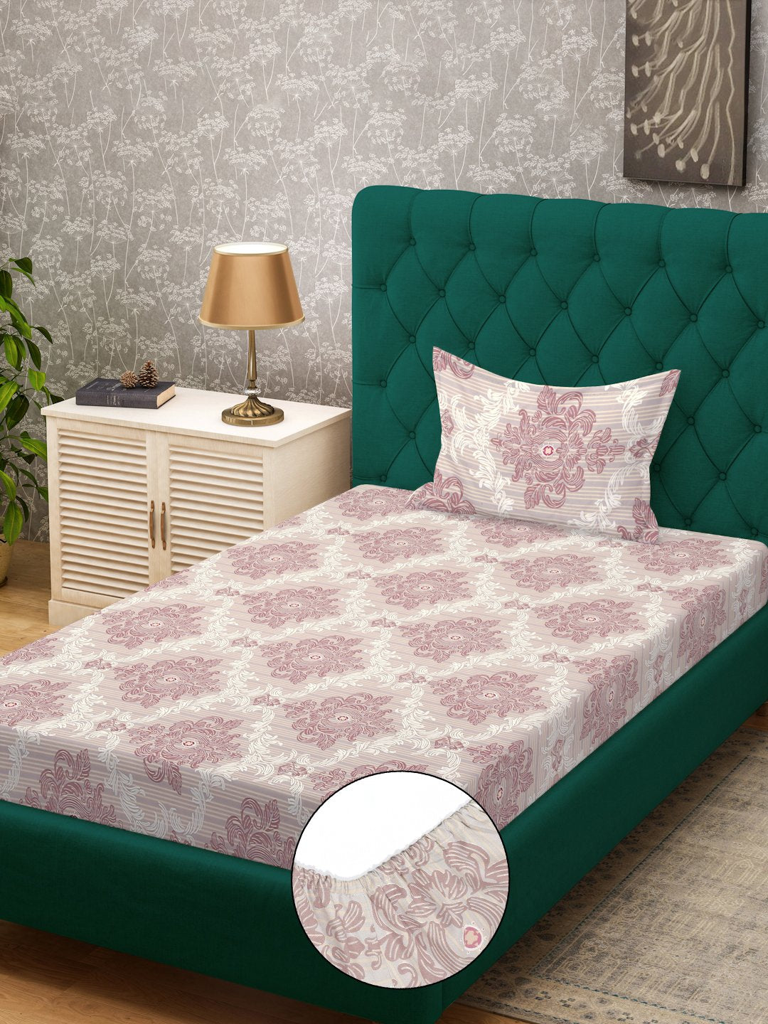 Multi Ethnic Motifs 300 TC Cotton Blend Fitted Single Bedsheet with Pillow Cover