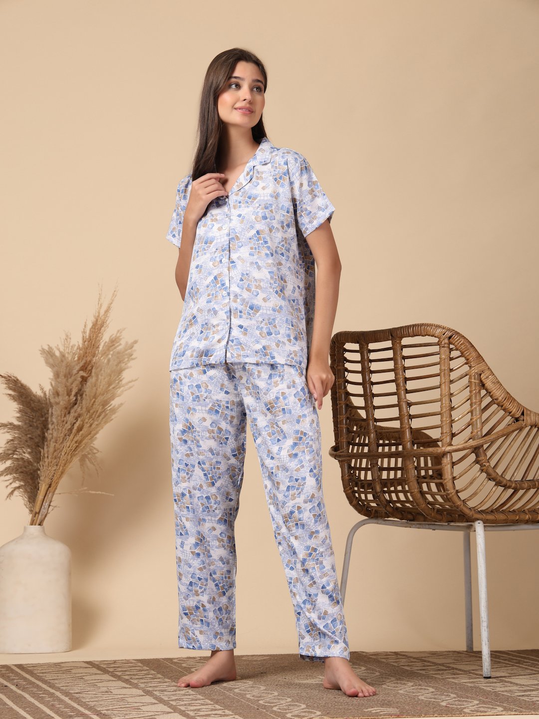 Blue Geometric Cotton Blend Women Night Suit