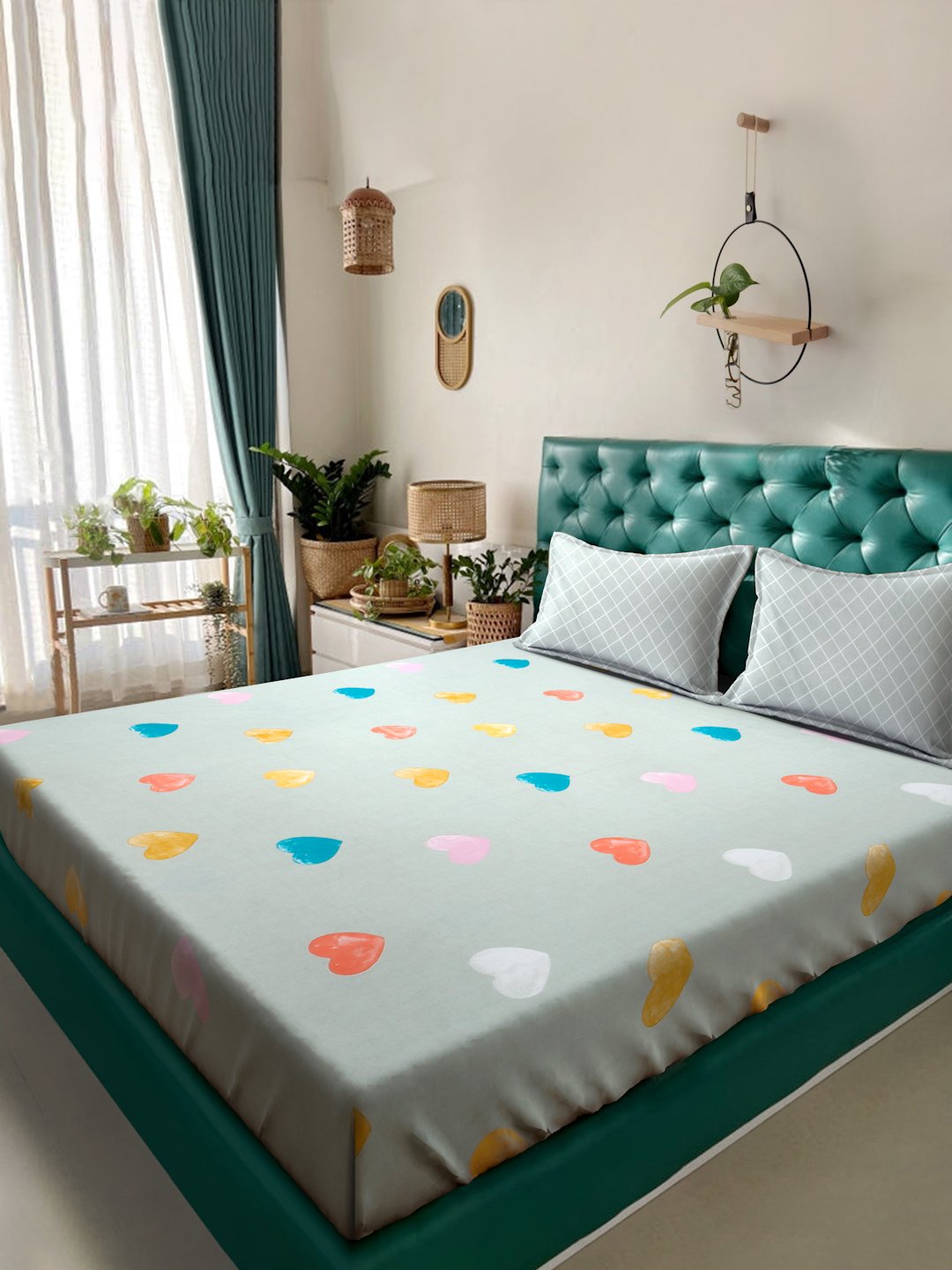Green Abstract 300 TC Cotton Blend Double Bedsheet with 2 Pillow Covers