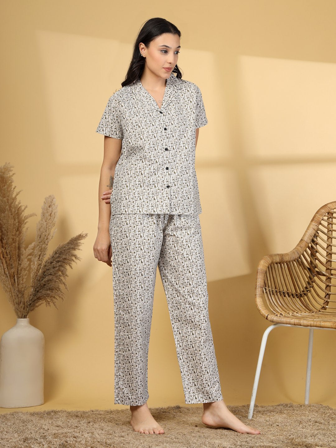 Women Brown Abstract Cotton Blend Night Suit