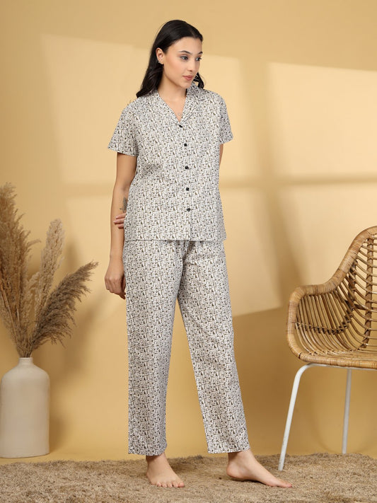 Women Brown Abstract Cotton Blend Night Suit