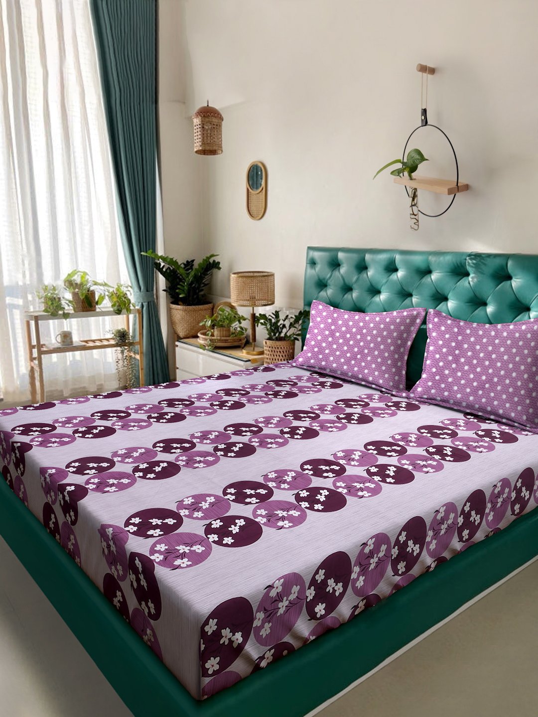Purple Floral 400 TC Pure Cotton Double Bedsheet with 2 Pillow Covers