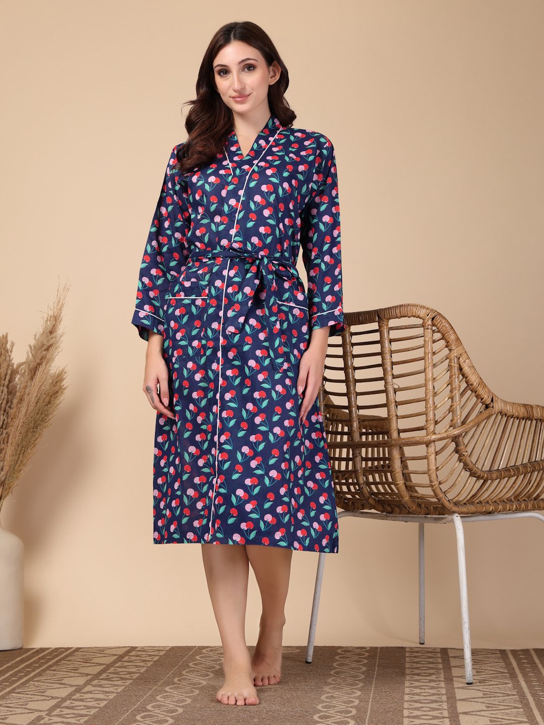 Women Printed Blue Abstract Pure Cotton Bath Robe With Belt