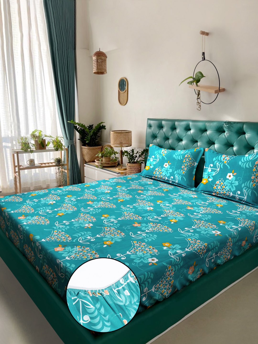 Green Floral 300 TC Cotton Blend Fitted Double Bedsheet with 2 Pillow Covers