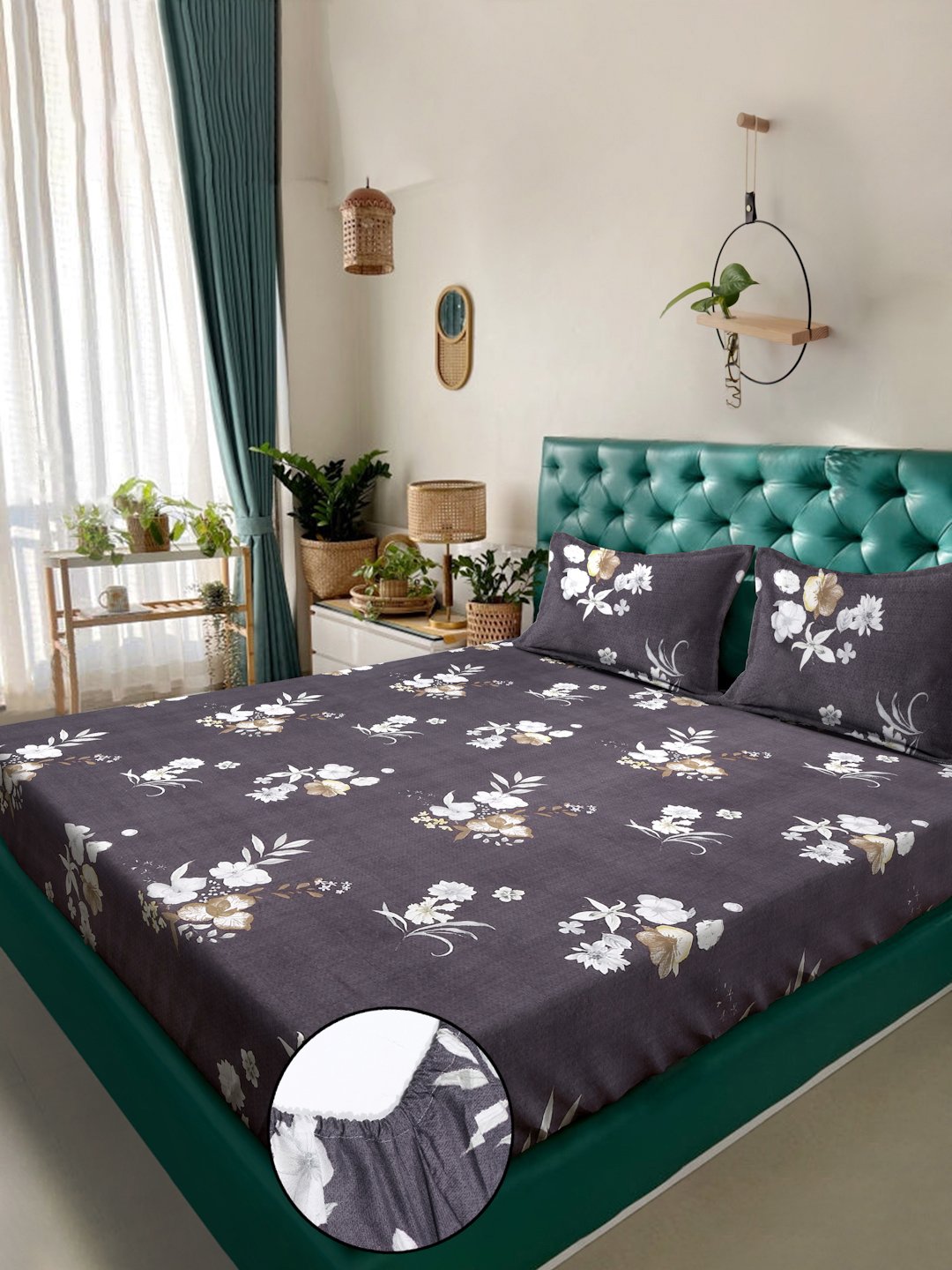 Brown Floral  300 TC Cotton Blend Fitted Double Bedsheet in Book Fold Packing