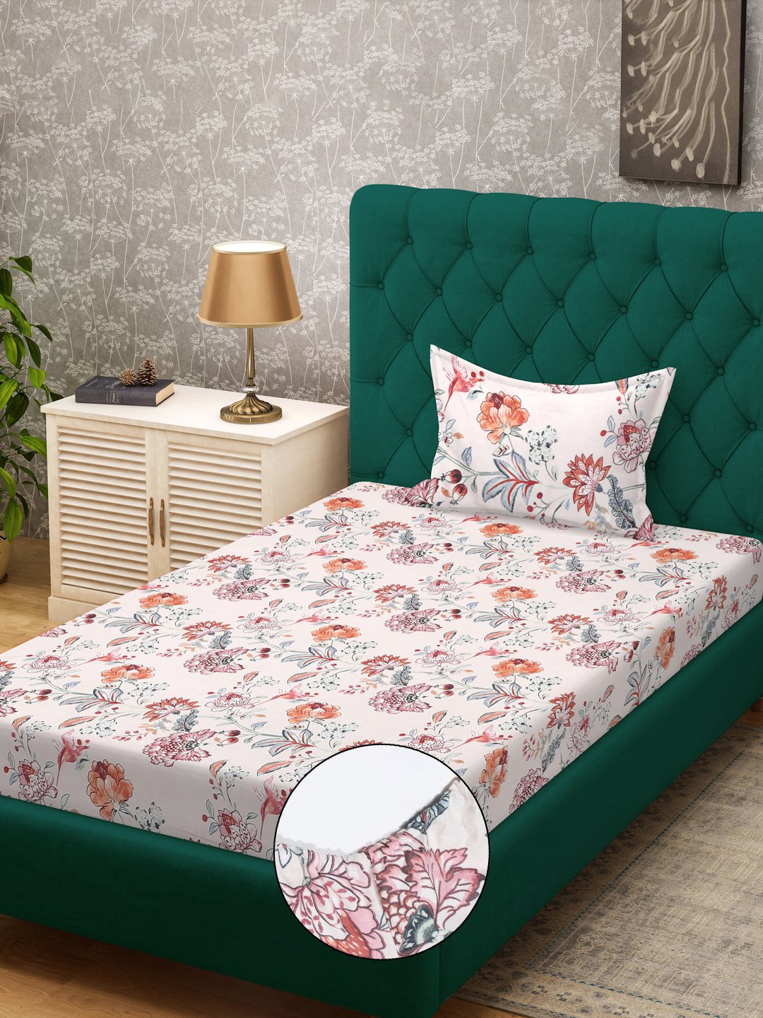Multi Floral 300 TC Cotton Blend Fitted Single Bedsheet in Book Fold Packing