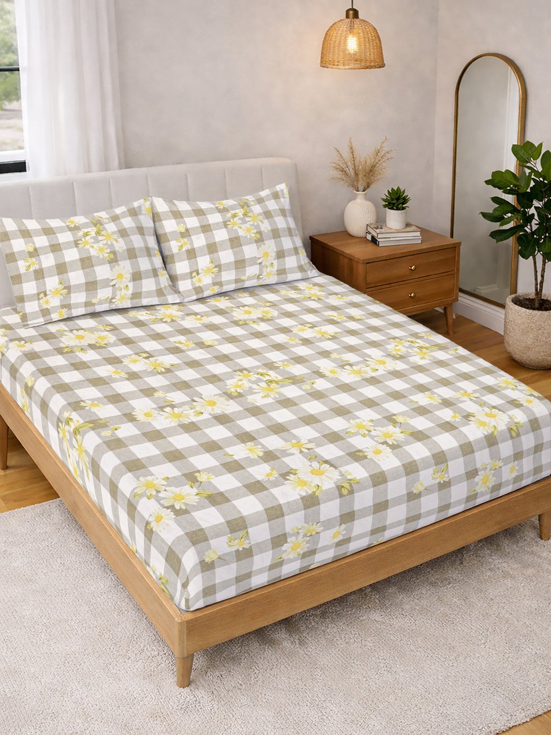 Beige Floral Cotton Blend Double Bedsheet with 2 Pillow Covers