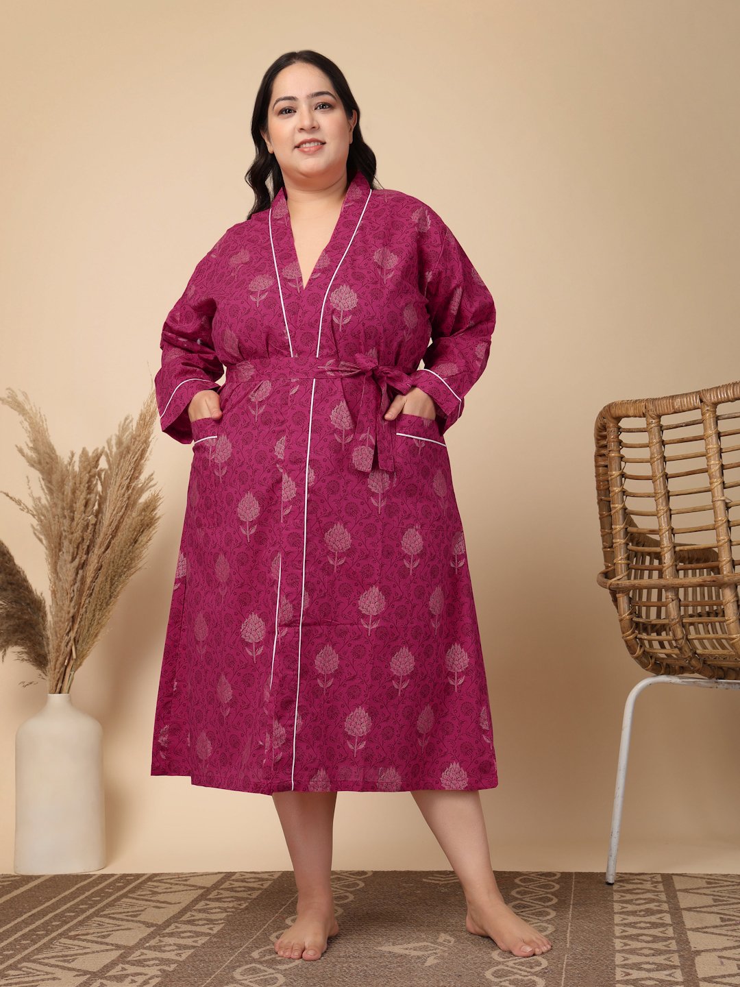 Women Printed Pink Floral Plus Size Pure Cotton Bath Robe With Belt
