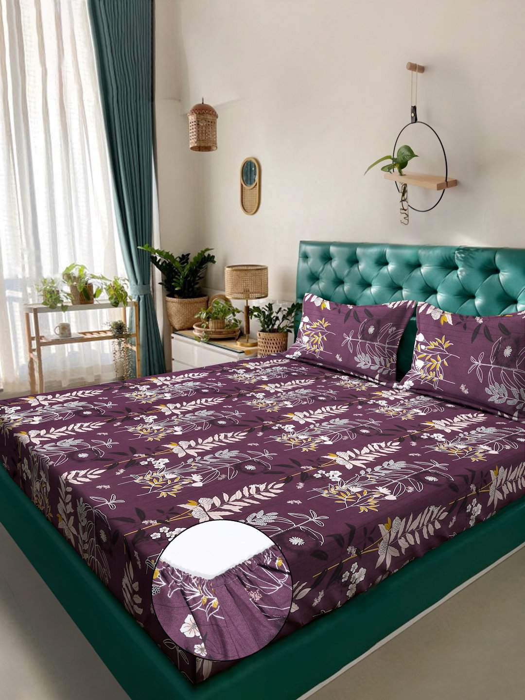 Purple Floral 300 TC Cotton Blend Fitted Double Bedsheet in Book Fold Packing
