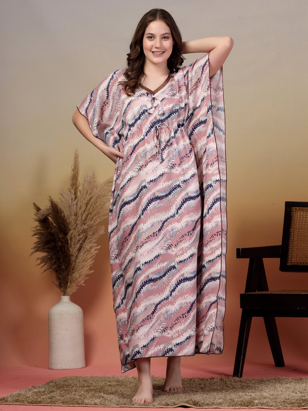 Multi Abstract Cotton Blend Kaftan Maxi Nightdress