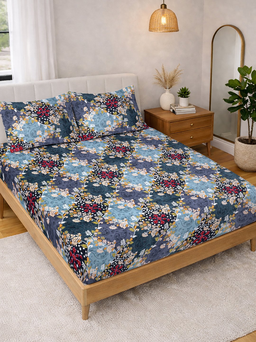 Blue Floral Cotton Blend Double Bedsheet with 2 Pillow Covers