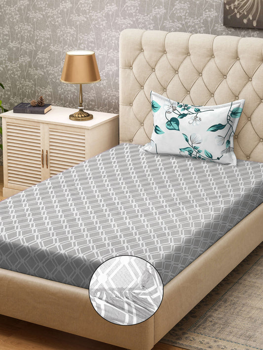 Klotthe Grey Geometric 300 TC Cotton Blend Fitted Single Bedsheet with Pillow Cover