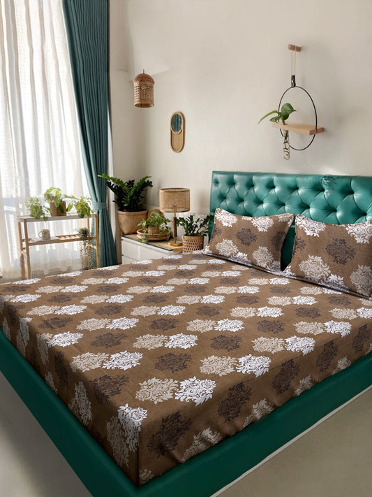 Brown Floral 400 TC Pure Cotton Double Bedsheet with 2 Pillow Covers