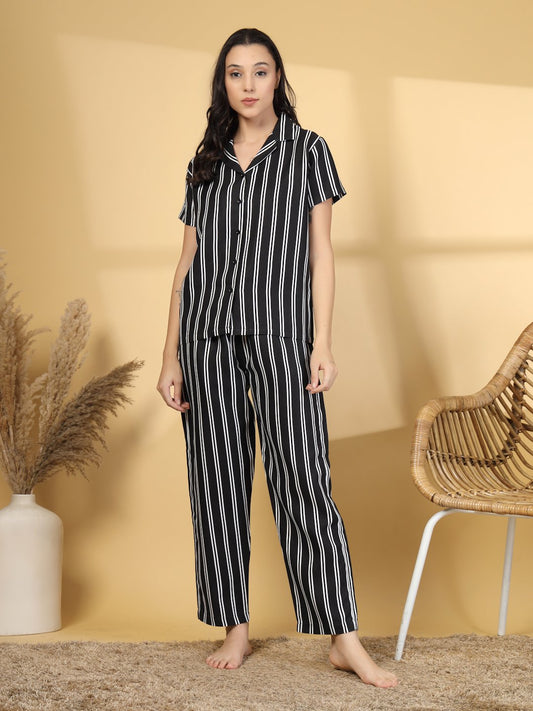 Women Black Striped Cotton Blend Night Suit