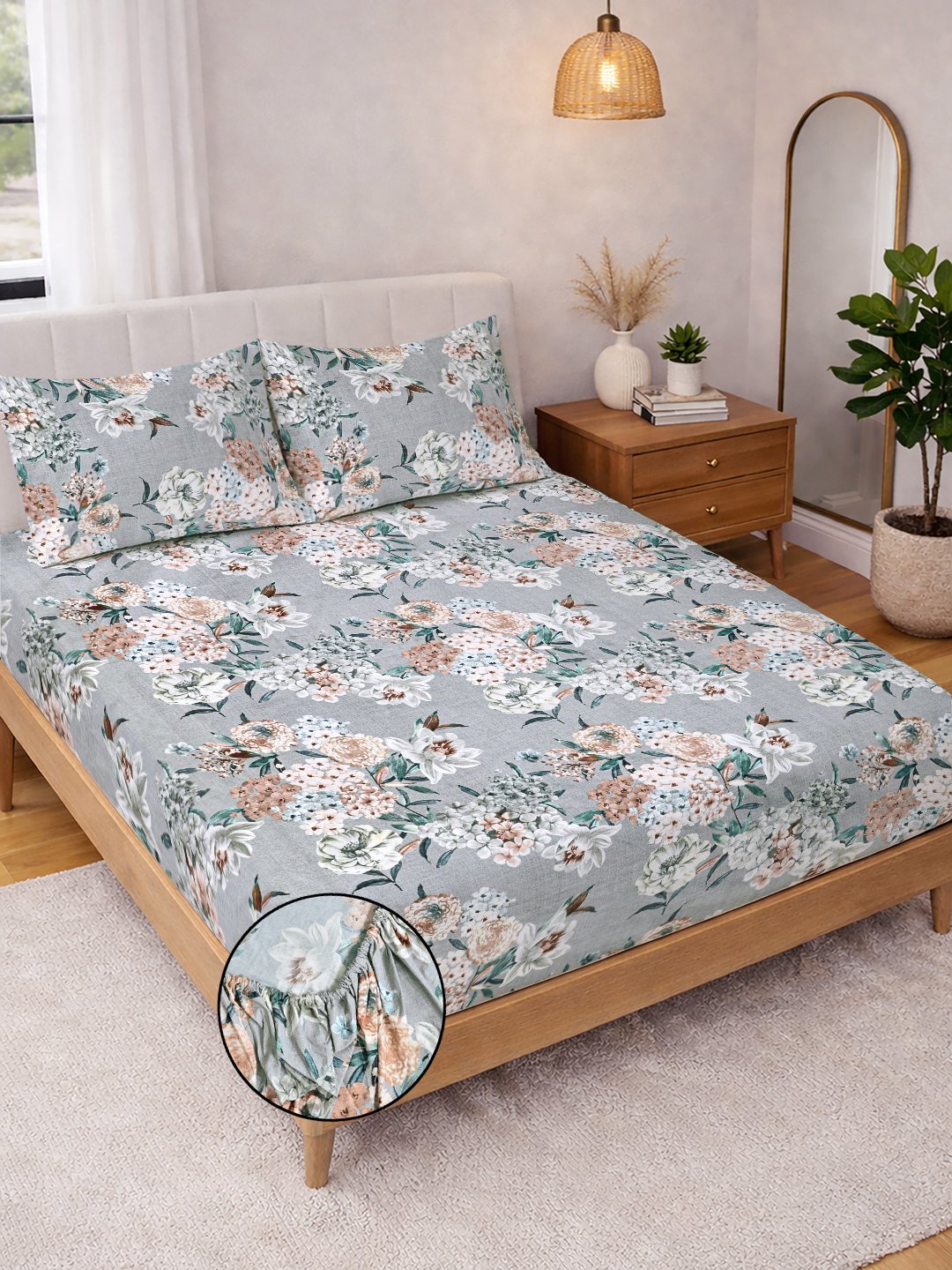 Grey Floral Cotton Blend Fitted Double Bedsheet with 2 Pillow Covers