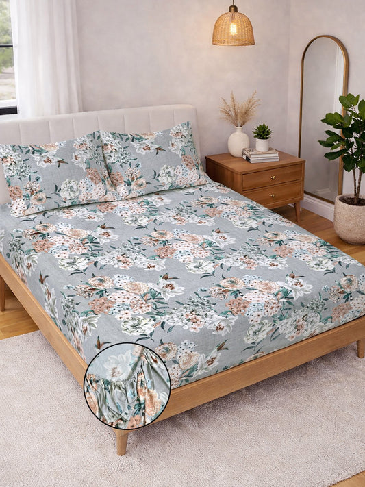 Grey Floral Cotton Blend Fitted Double Bedsheet with 2 Pillow Covers