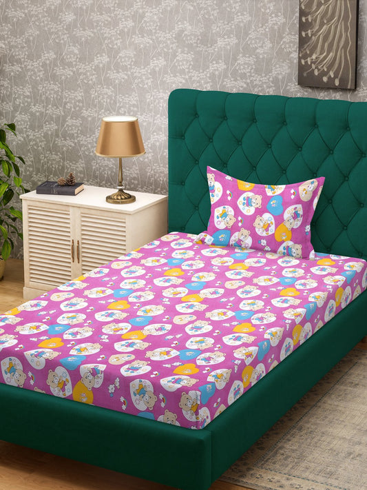 Purple Cartoon Characters 400 TC Pure Cotton Single Bedsheet with Pillow Cover