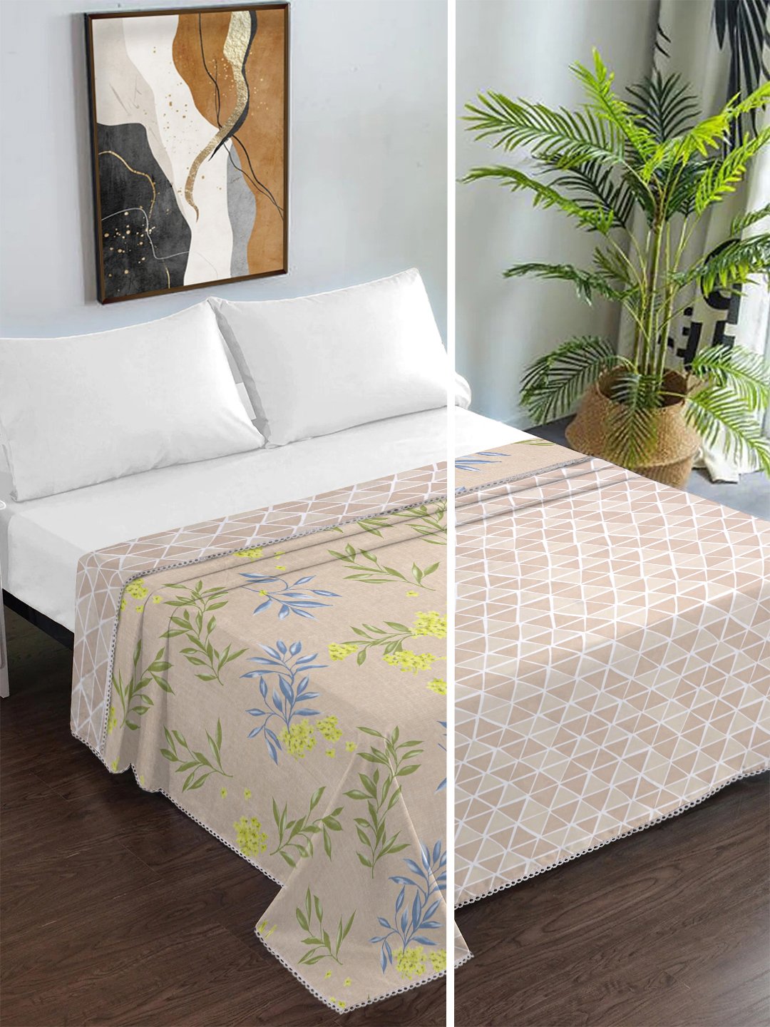 Beige Cotton Blend Floral Double Bed Dohar
