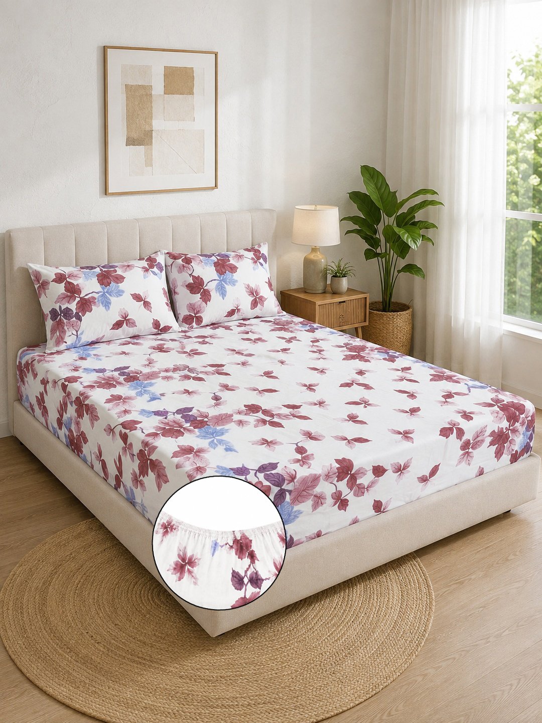 Cream Floral Cotton Blend Fitted Double Bedsheet with 2 Pillow Covers