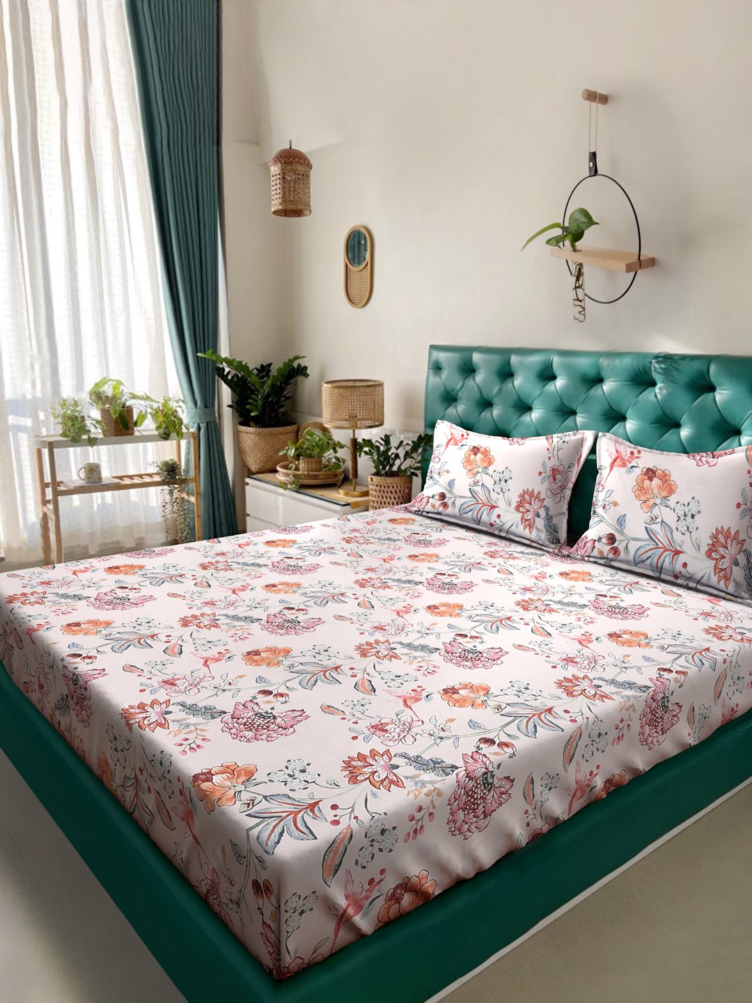 Multi Floral  300 TC Cotton Blend Double Bedsheet with 2 Pillow Covers