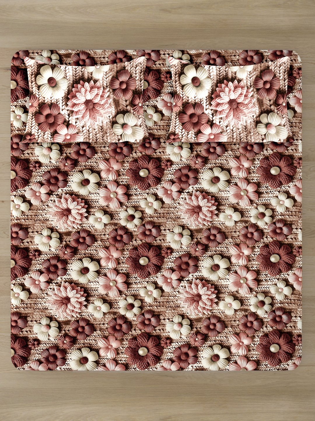 Brown Floral 7D King Size Cotton Blend Fitted Double Bedsheet with 2 Pillow Covers