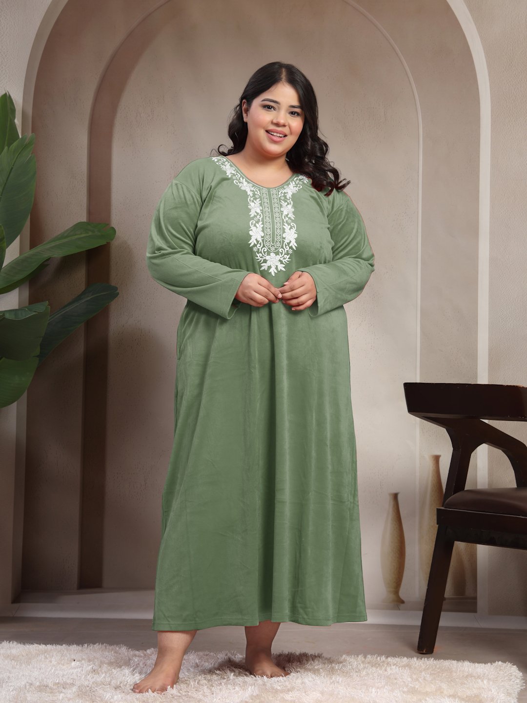 Klotthe Olive Solid Soft touch Velvet Maxi Nightdress