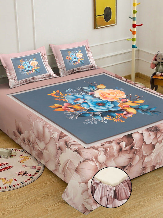 Brown Digital Floral Printed Cotton Blend Fitted Double Bedsheet with 2 Pillow Covers