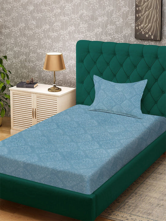 Turquoise Floral Embossed Cotton Blend Single Bedsheet with Pillow Cover