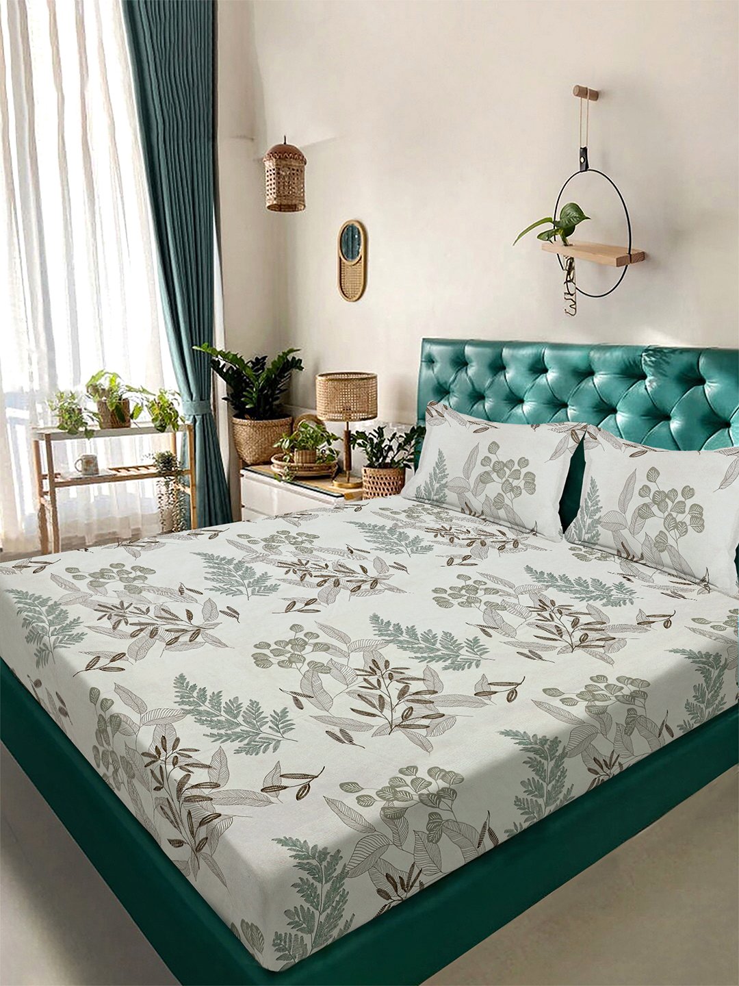 Cream Floral 300 TC Cotton Blend Double Bedsheet with 2 Pillow Covers