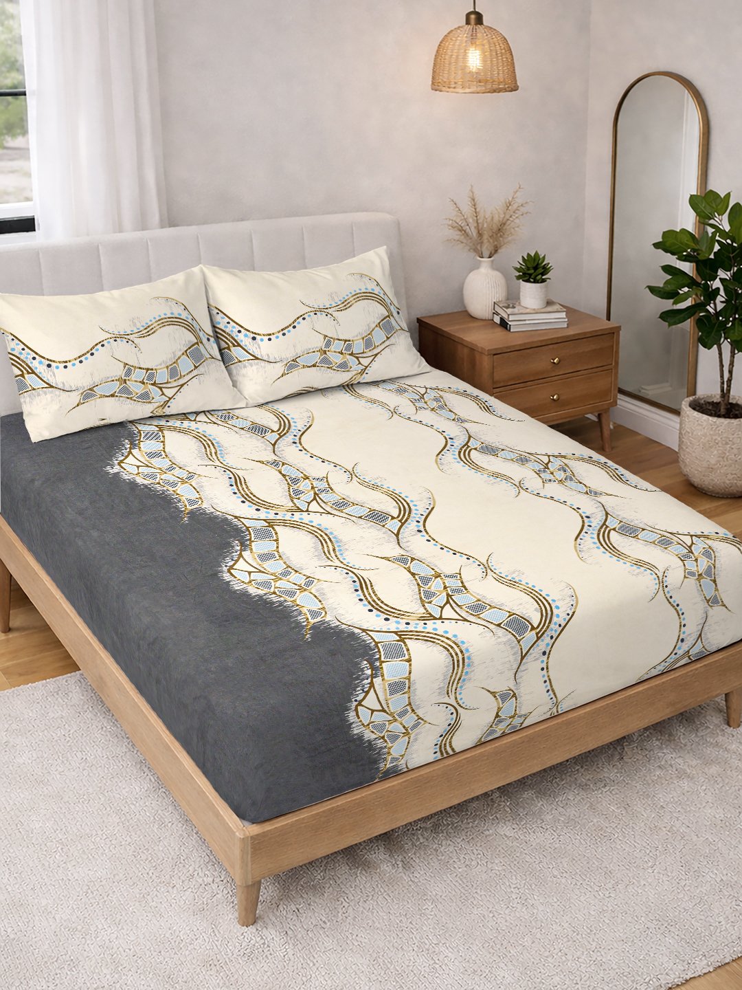 Cream Abstract Cotton Blend Double Bedsheet with 2 Pillow Covers