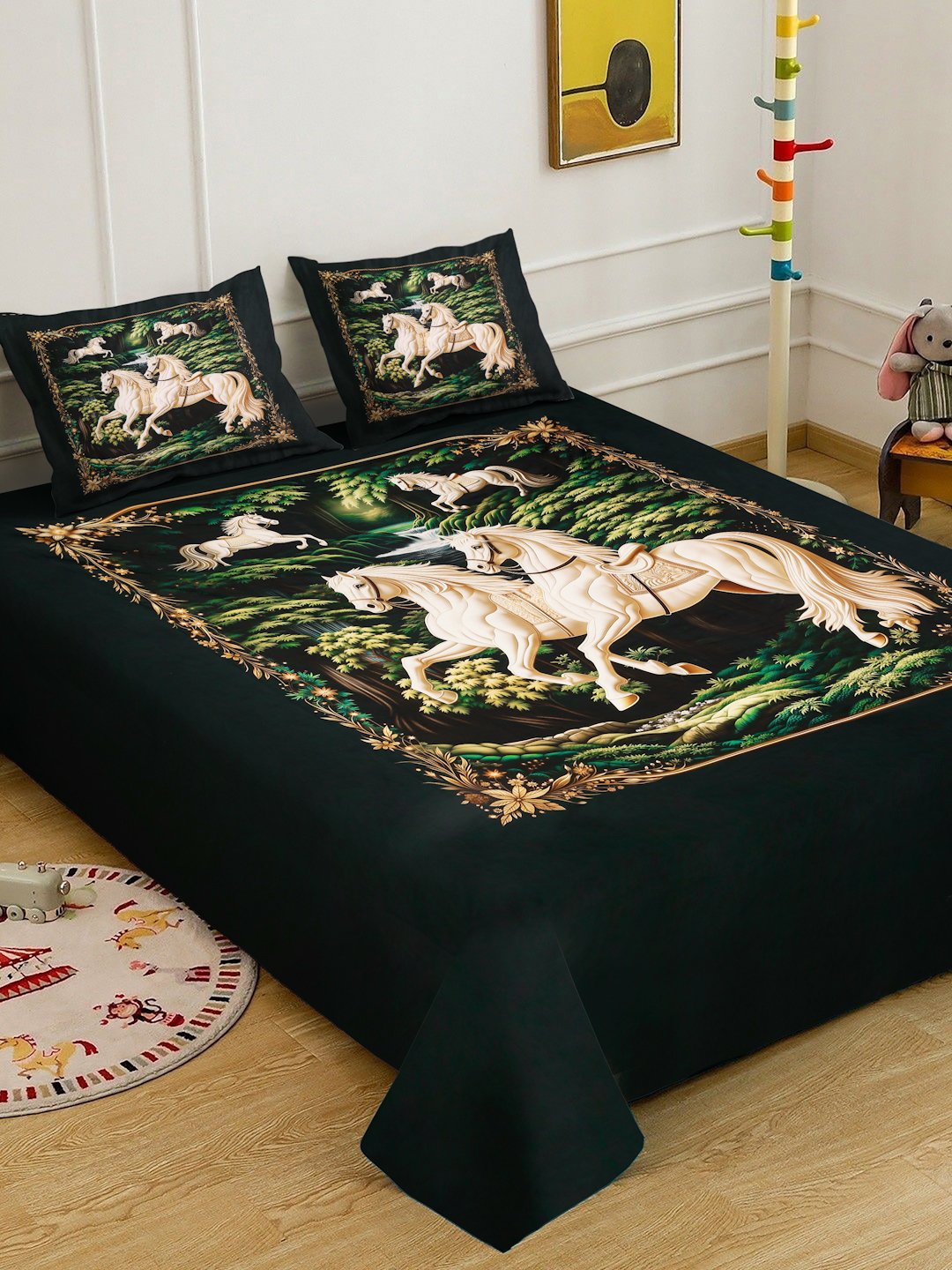 Green Digital Animal Printed Cotton Blend Double Bedsheet with 2 Pillow Covers