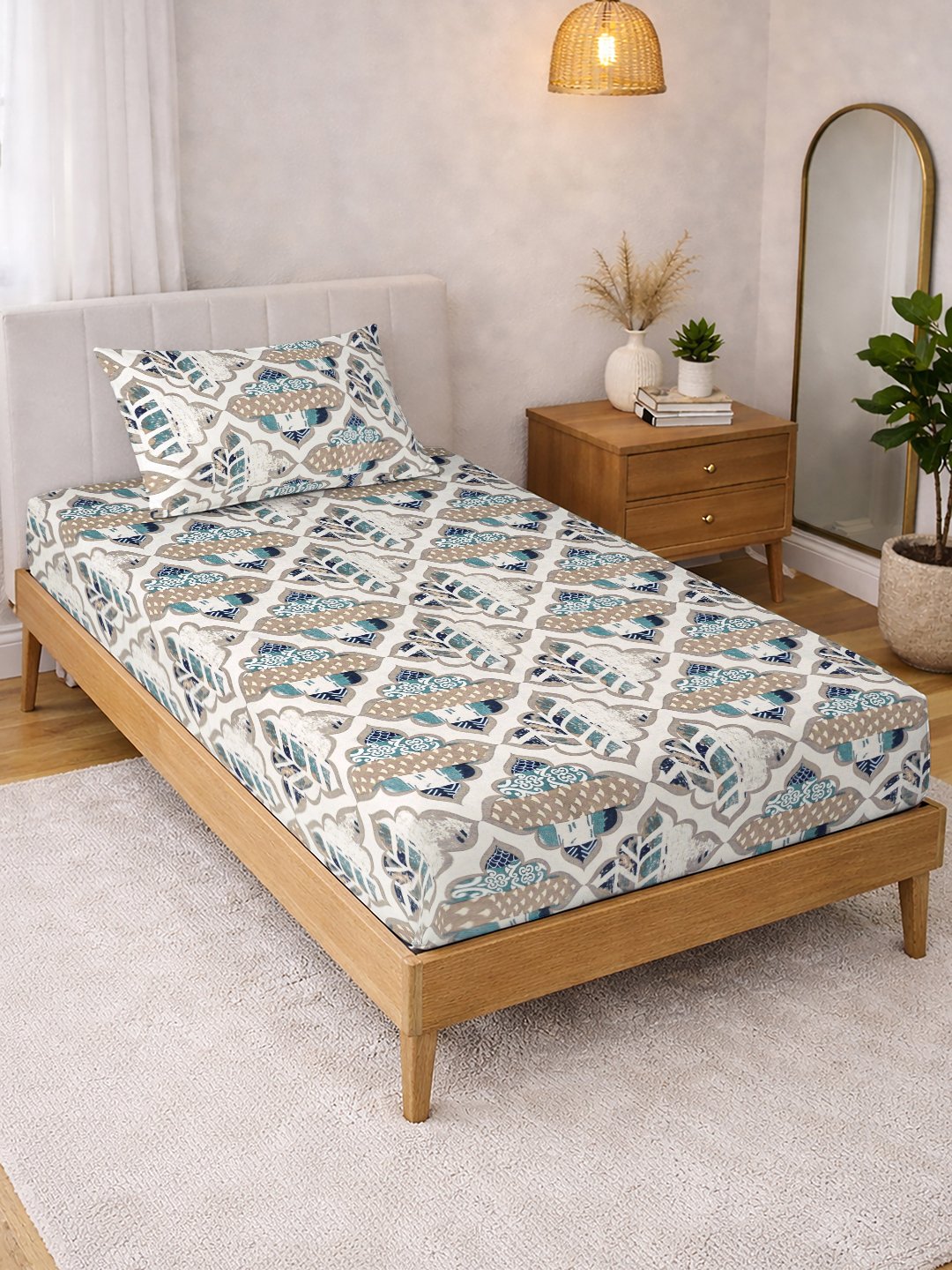 Cream Geometric Cotton Blend Single Bedsheet with Pillow Cover