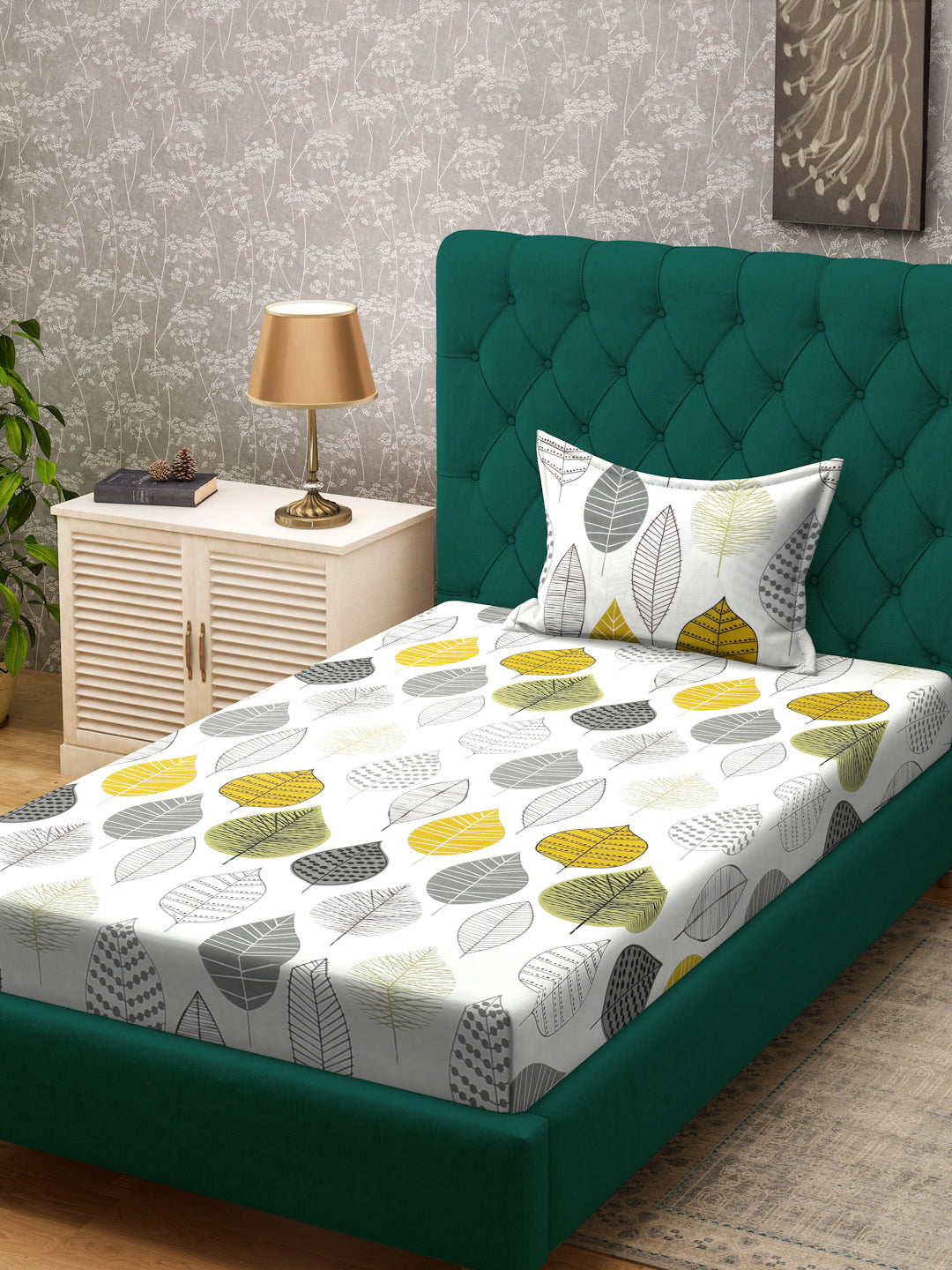 Klotthe Cream Floral 300 TC Cotton Blend Single Bedsheet with Pillow Cover