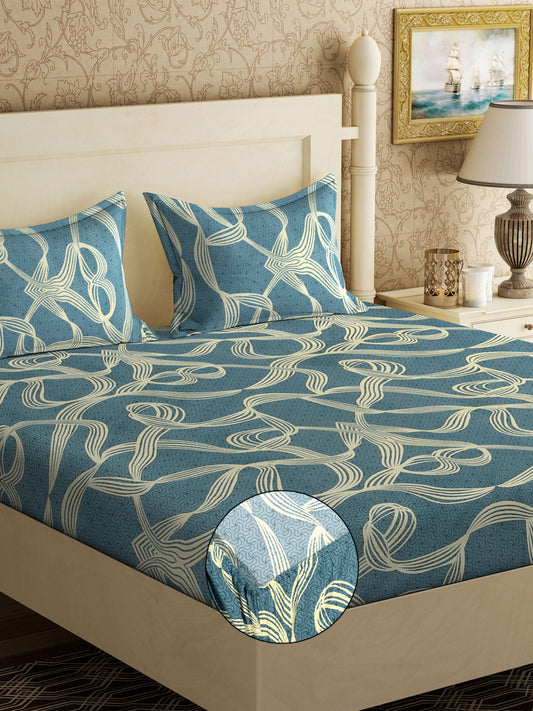 Klotthe Turquoise Abstract 300 TC Cotton Blend Fitted Double Bedsheet with 2 Pillow Covers