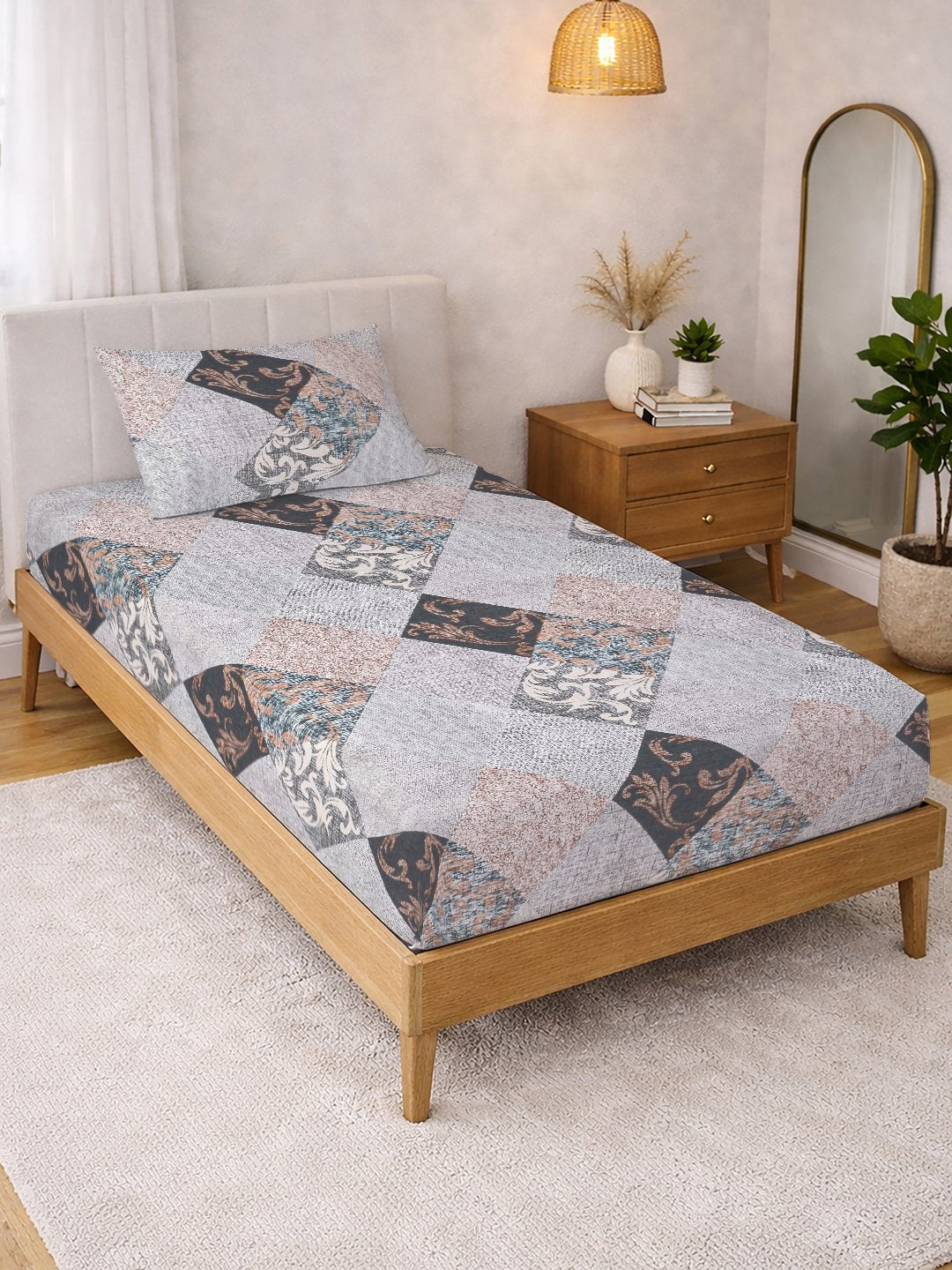 Multi Geometric Cotton Blend Single Bedsheet with Pillow Cover