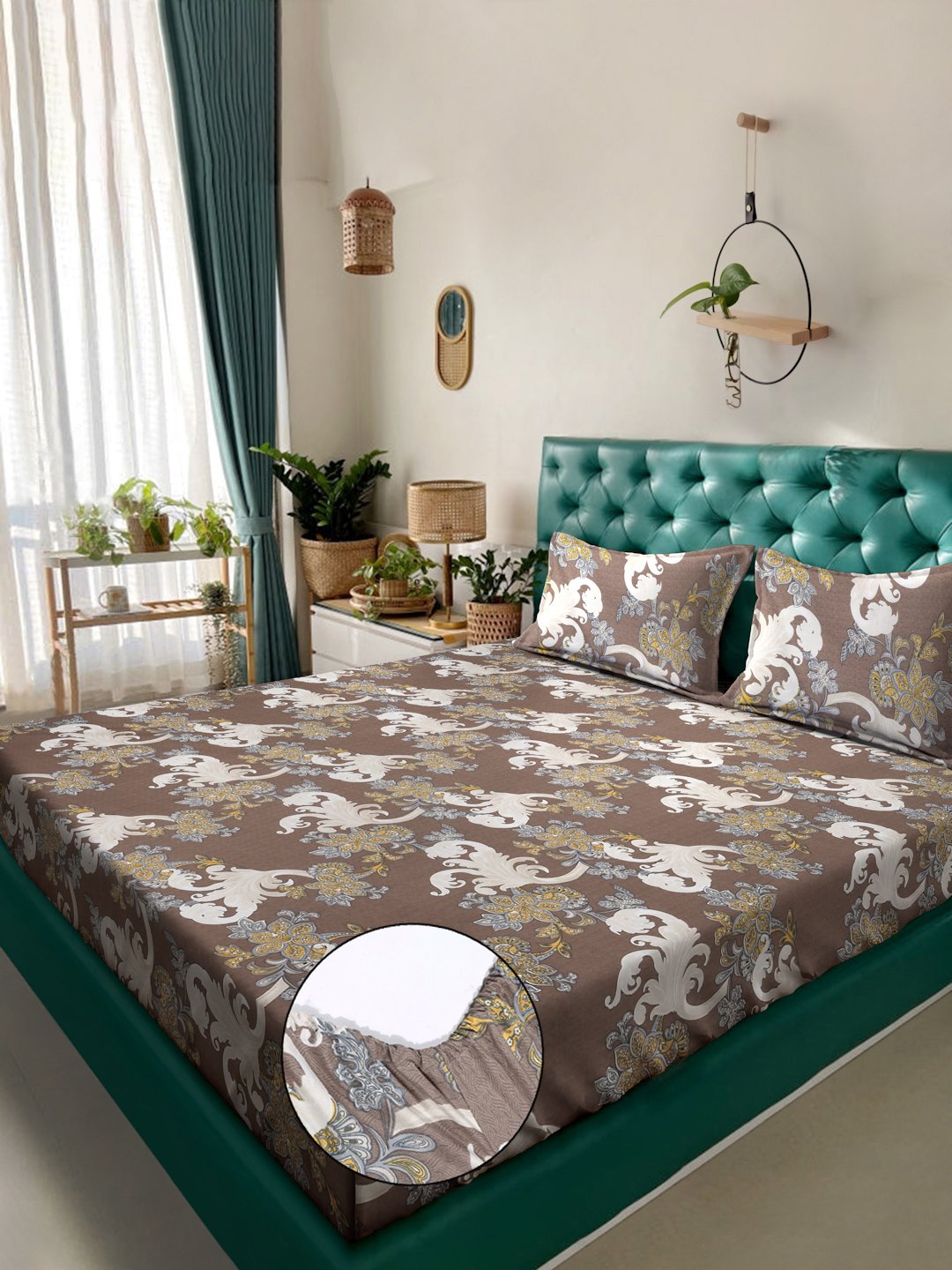 Book Fold Brown Floral 300 TC Cotton Blend Fitted Double Bedsheet with 2 Pillow Covers