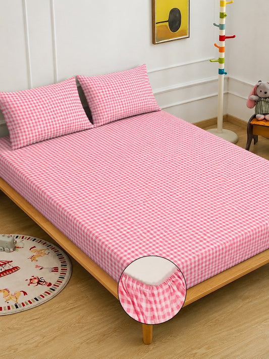 Red Checked Cotton Blend Fitted Double Bedsheet with 2 Pillow Covers