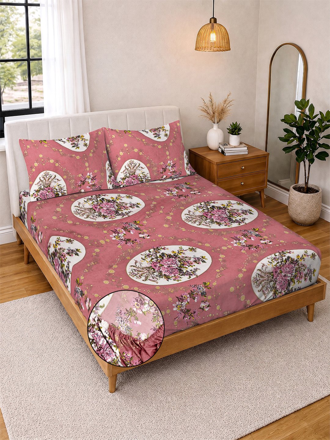 Rust Floral Cotton Blend Fitted Double Bedsheet with 2 Pillow Covers